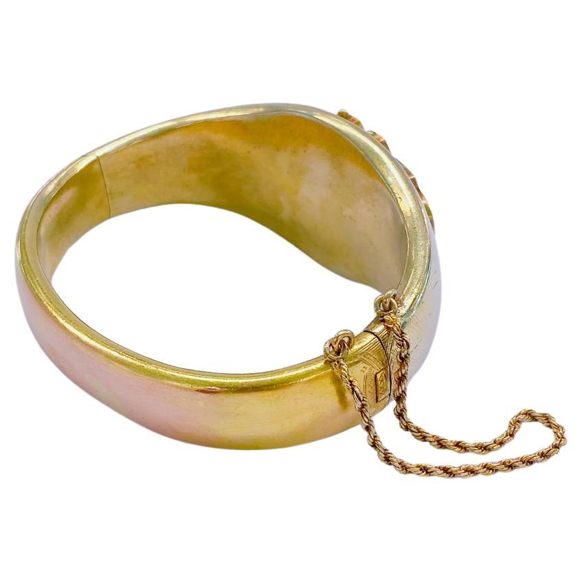 Antique Austro Hungerian Empire Emerald Gold Bangle Bracelet For Sale 2