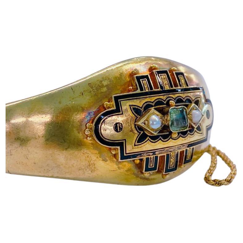 Antique Austro Hungerian Empire Emerald Gold Bangle Bracelet For Sale 3