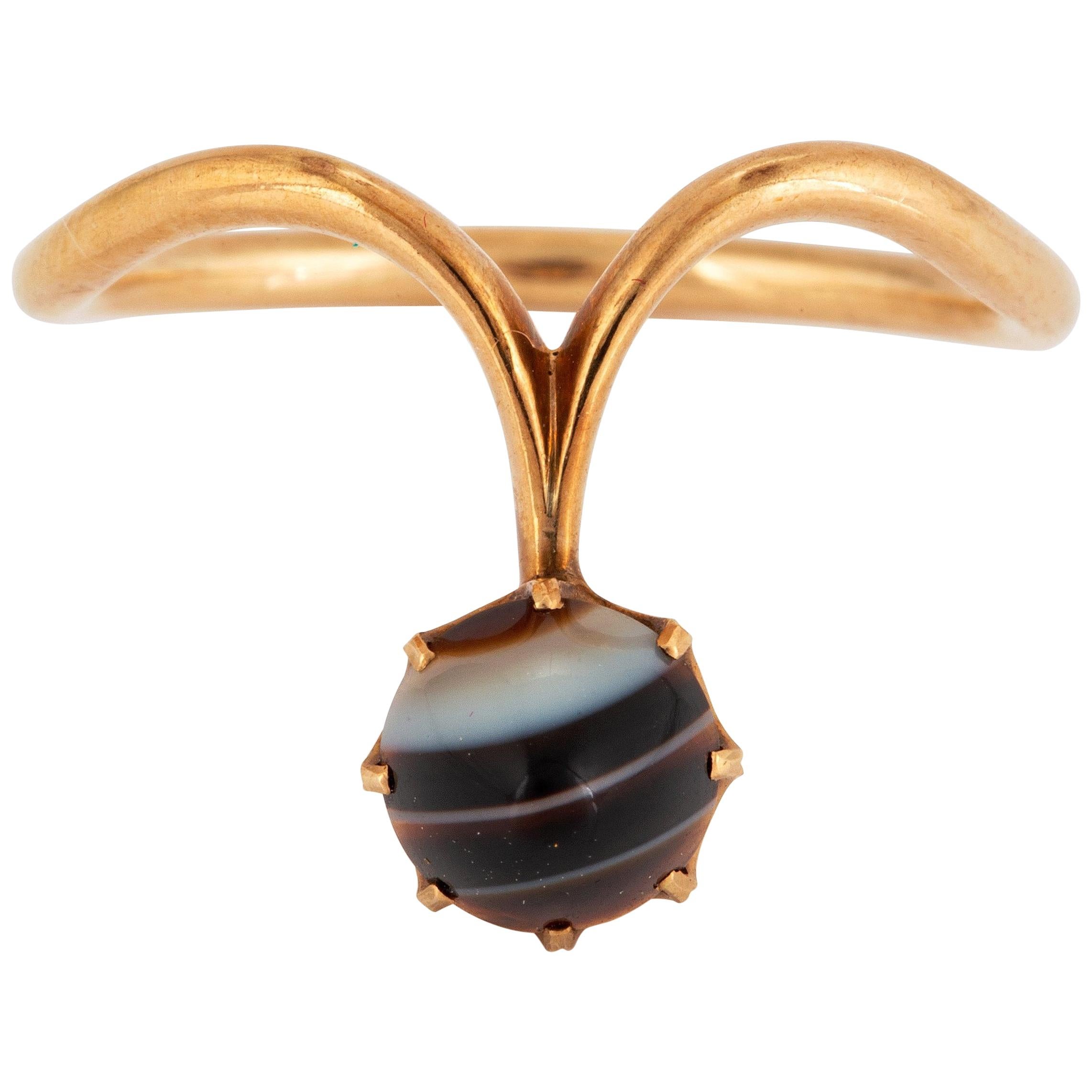 Antiker 14k Gold Banded Achat-Ring Verlobungsring, Siegelschachtel im Angebot