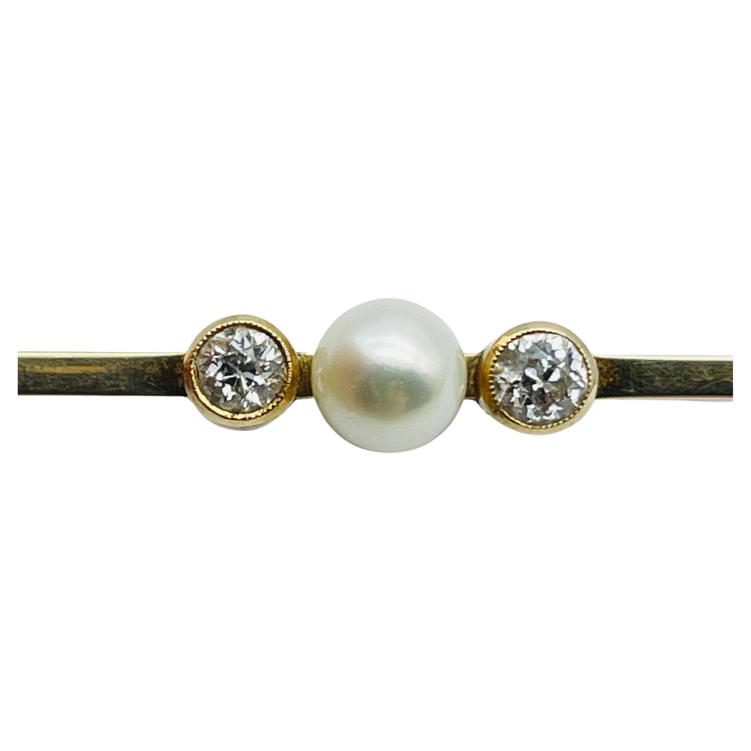 Antique 14k gold bar brooch with diamonds and pearl For Sale