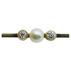 Antique 14k gold bar brooch with diamonds and pearl
