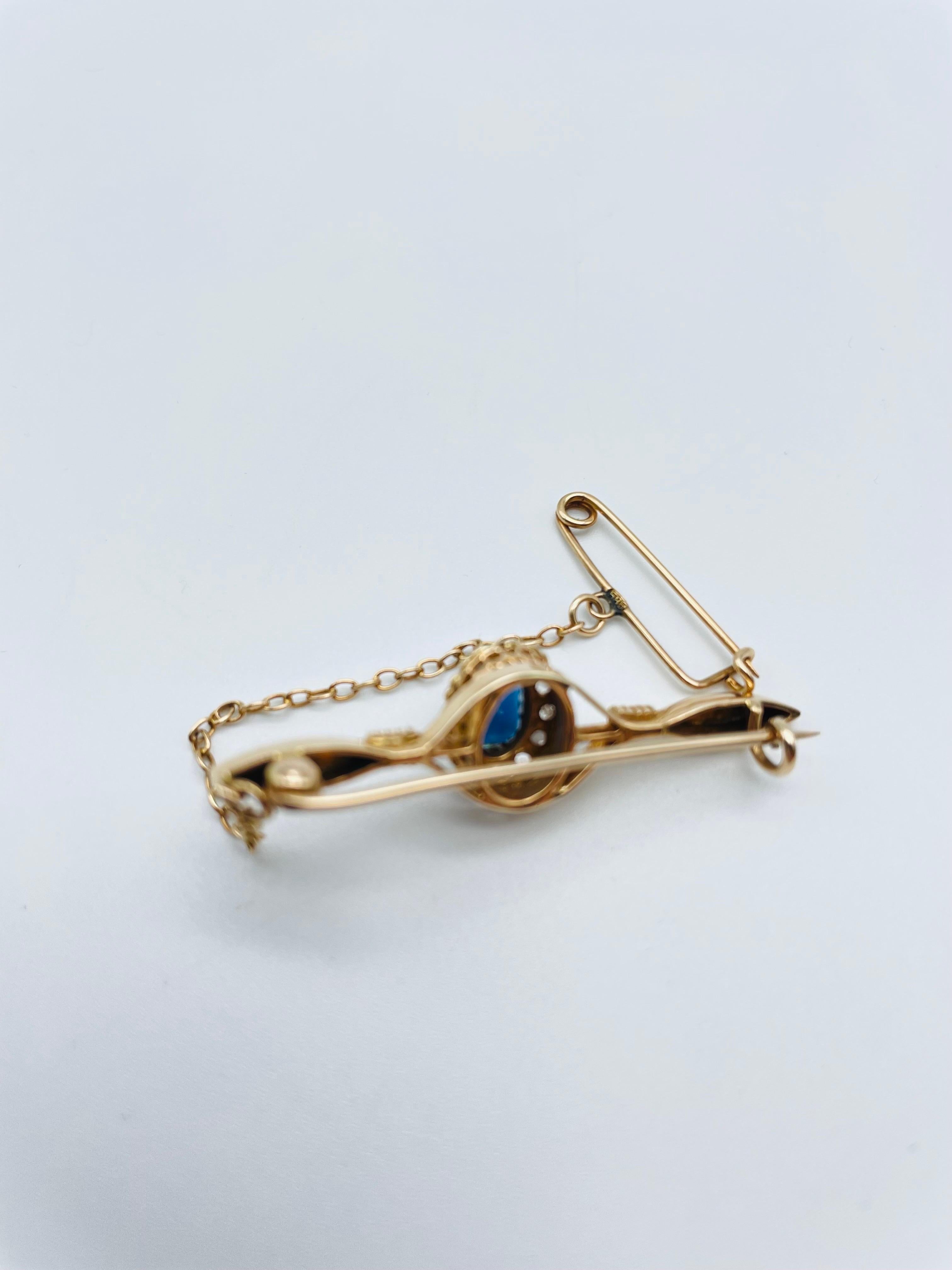 Women's or Men's Antique 14k gold bar brooch with diamonds and tanzanite For Sale