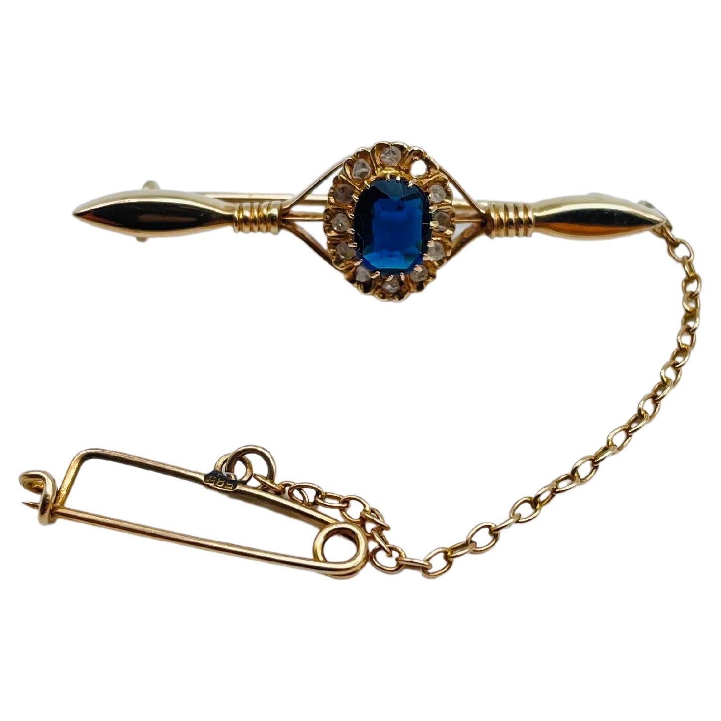 Antique 14k gold bar brooch with diamonds and tanzanite For Sale