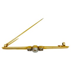 Antique 14k Gold Bar Brooch with Rose Cut Diamond and Pearl