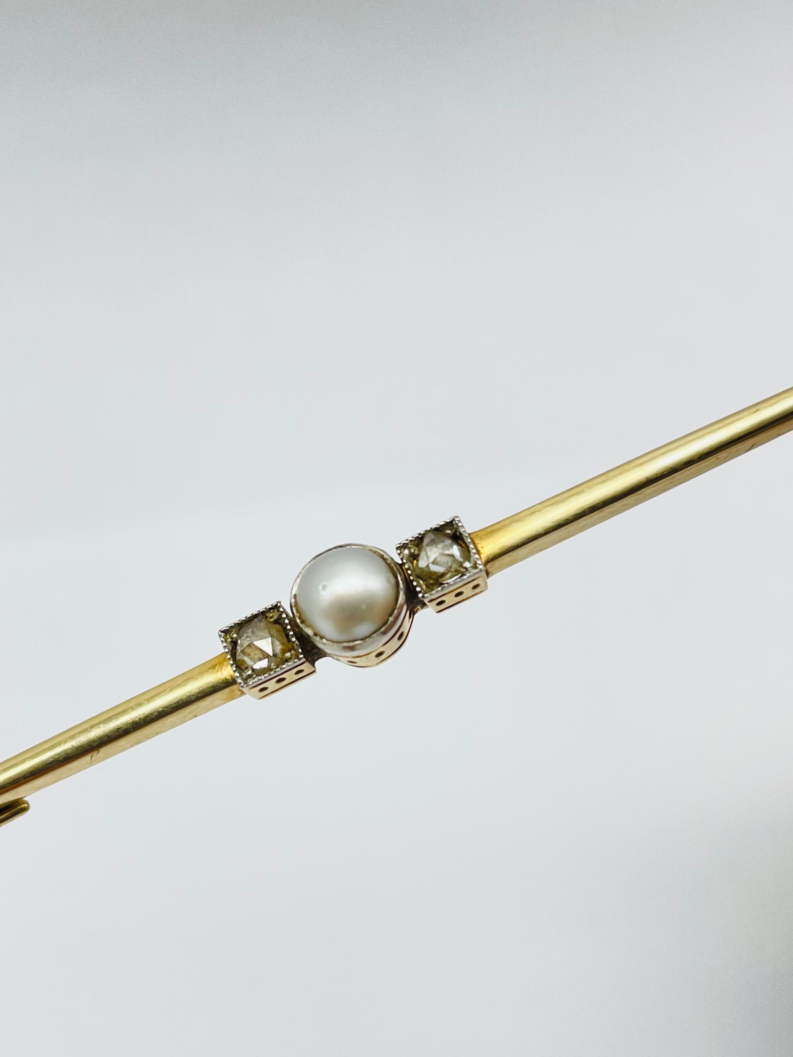Antique 14k Gold Bar Brooch with Rose Cut Diamond and Pearl For Sale 2