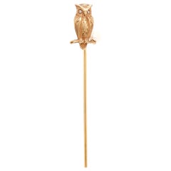 Antique 14K Gold & Baroque Pearl Figural Owl & Branch Stickpin