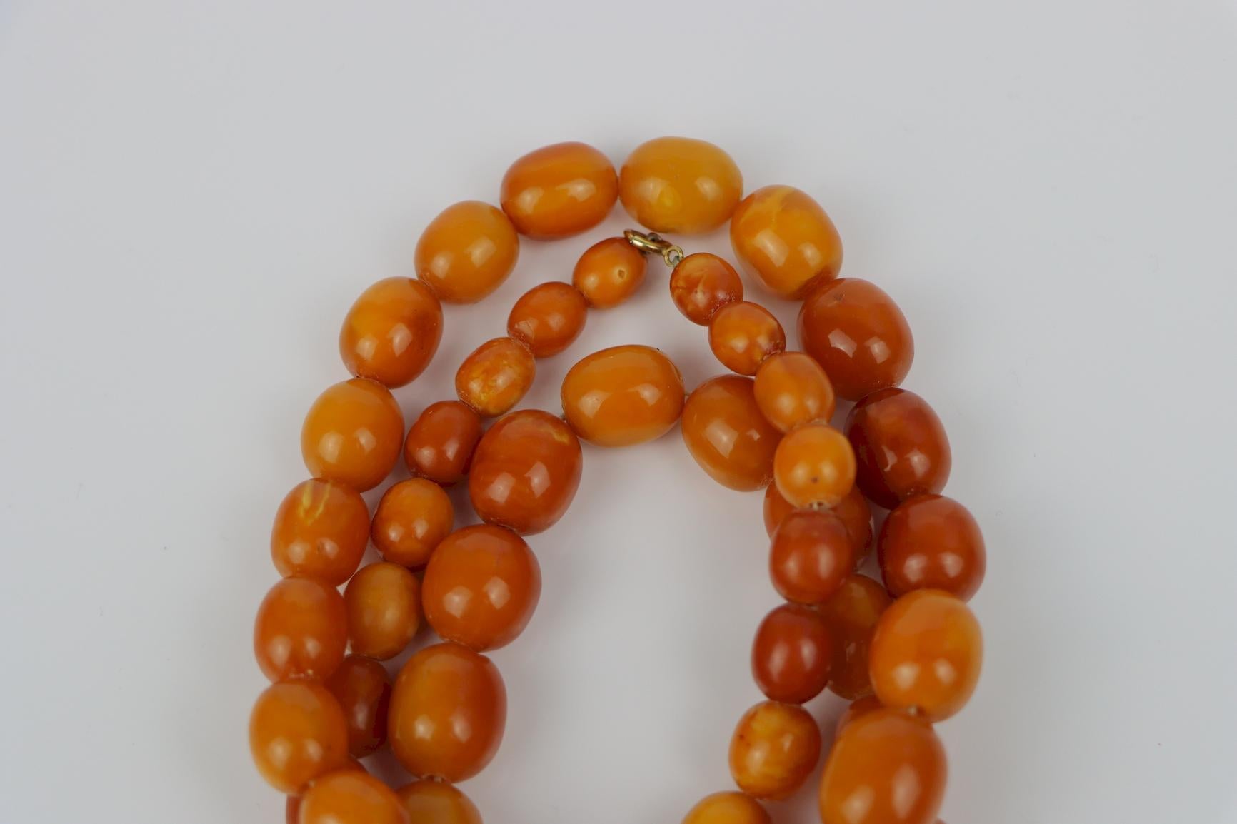 Women's or Men's Antique 14K Gold Beeswax Amber Bead Necklace For Sale