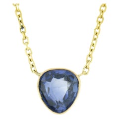 Antique 14k Gold Bezel Old Pear GIA No Heat Sapphire Solitaire Pendant Necklace