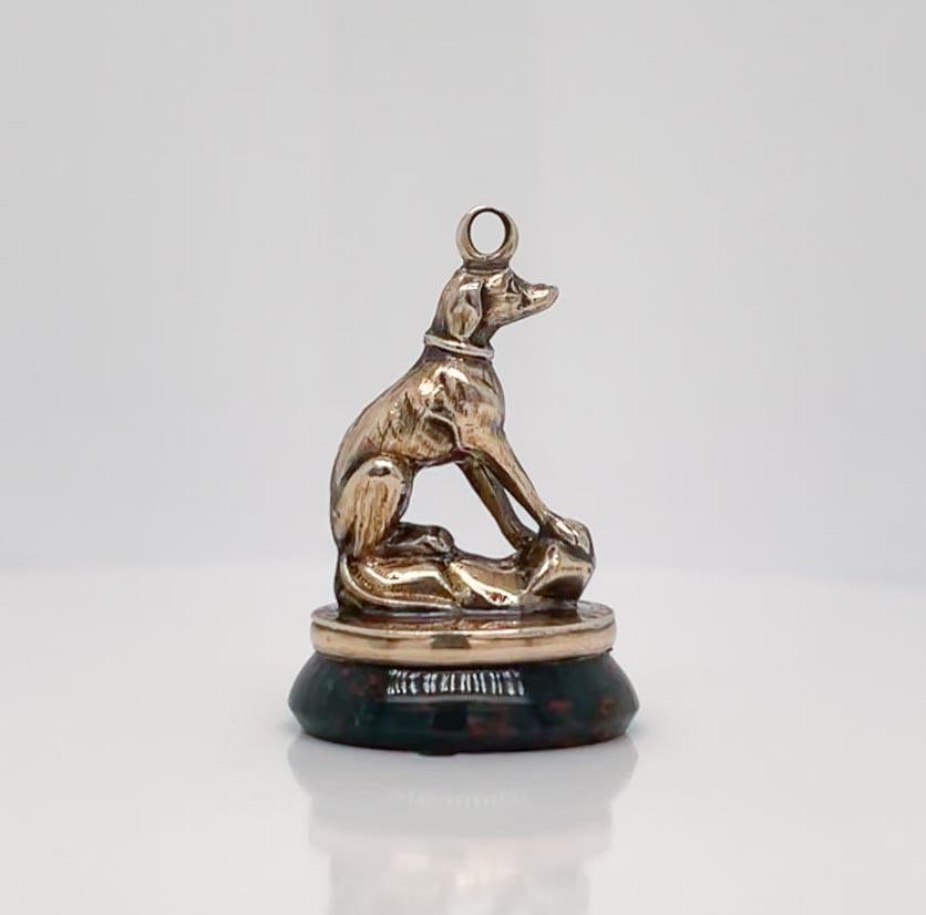 Antique 14k Gold & Bloodstone Figural Greyhoud or Whippet Dog Watch Fob Seal In Good Condition In Philadelphia, PA