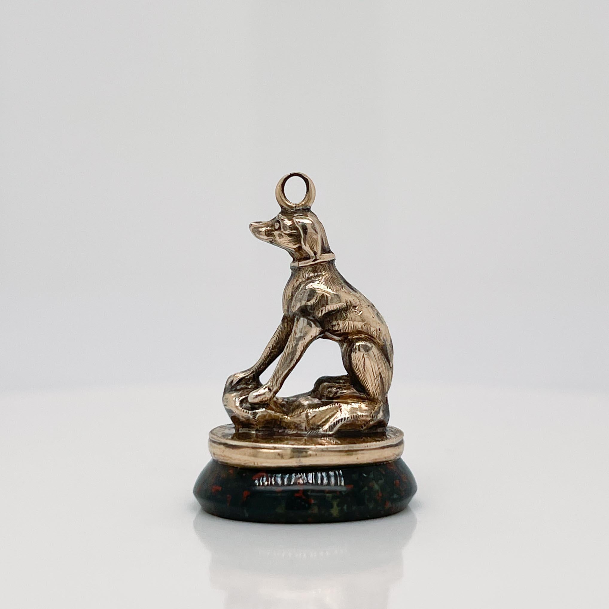 Women's or Men's Antique 14k Gold & Bloodstone Figural Greyhoud or Whippet Dog Watch Fob Seal