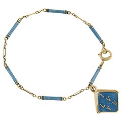 Antique 14k Gold Blue Enamel Bar Link Bracelet Dangle Flipping I Love You Charm
