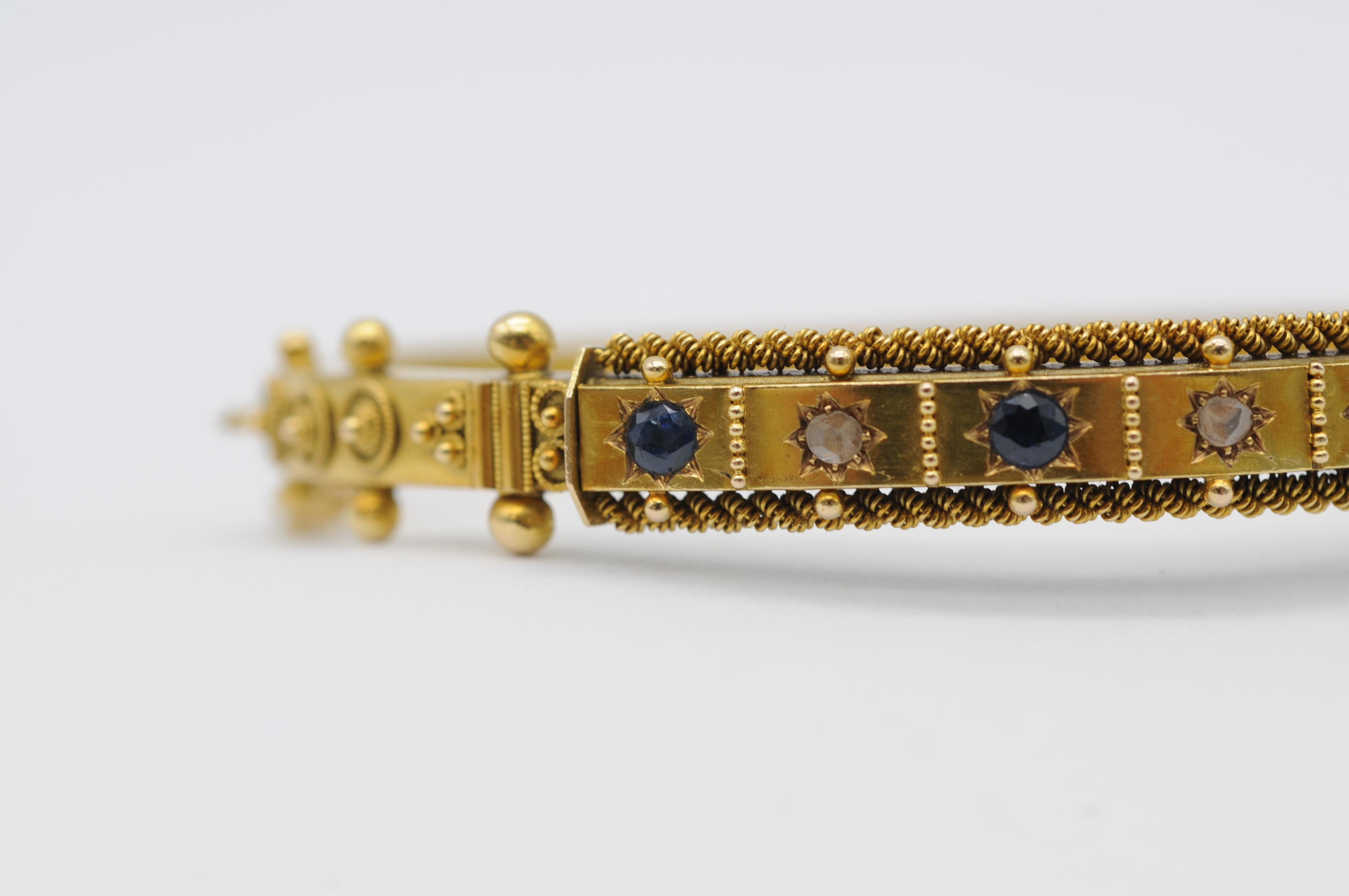 Bracelet ancien en or 14 carats avec diamants et saphirs taille ancienne, fermoir de sécurité en vente 4