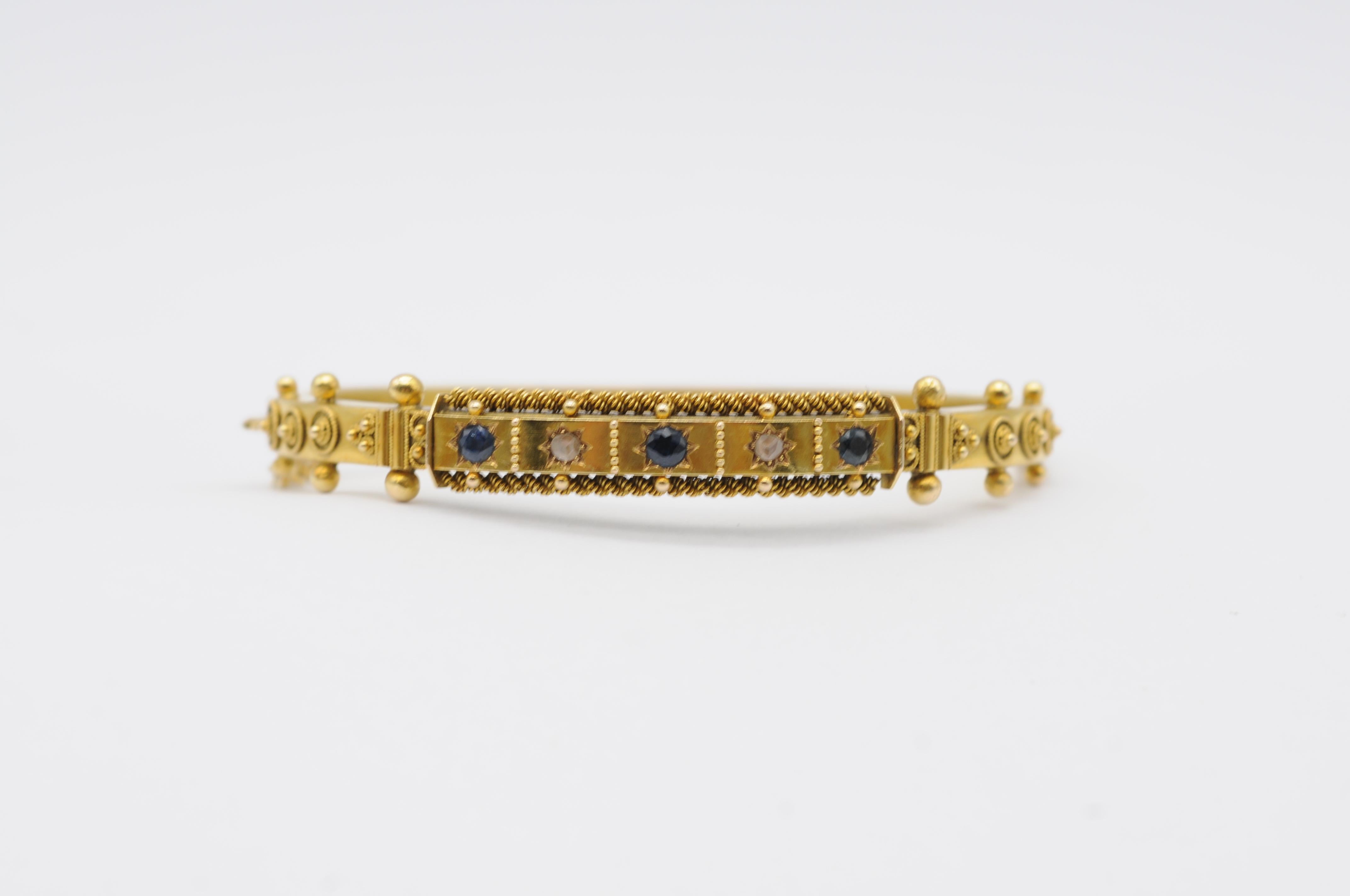 Bracelet ancien en or 14 carats avec diamants et saphirs taille ancienne, fermoir de sécurité en vente 6