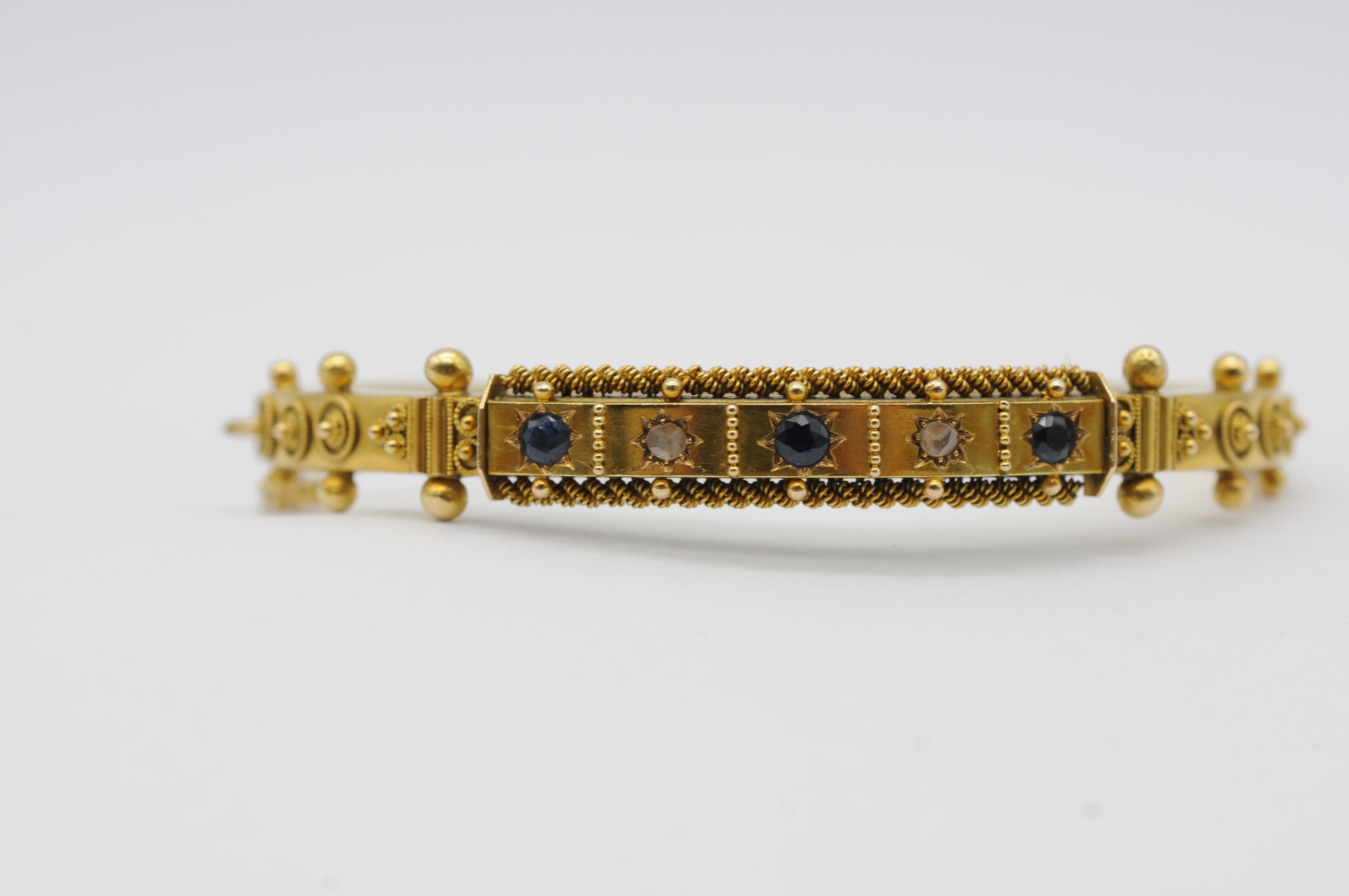 Bracelet ancien en or 14 carats avec diamants et saphirs taille ancienne, fermoir de sécurité Unisexe en vente