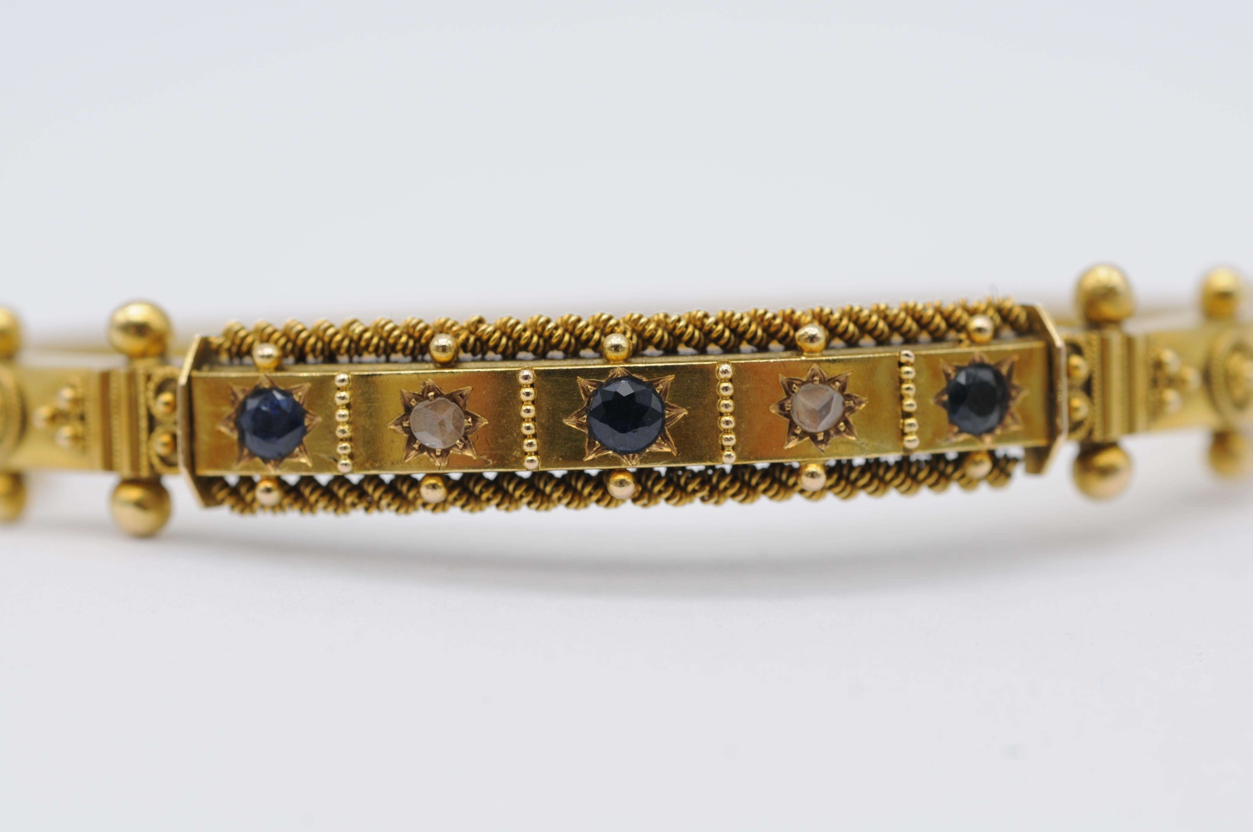 Bracelet ancien en or 14 carats avec diamants et saphirs taille ancienne, fermoir de sécurité en vente 1
