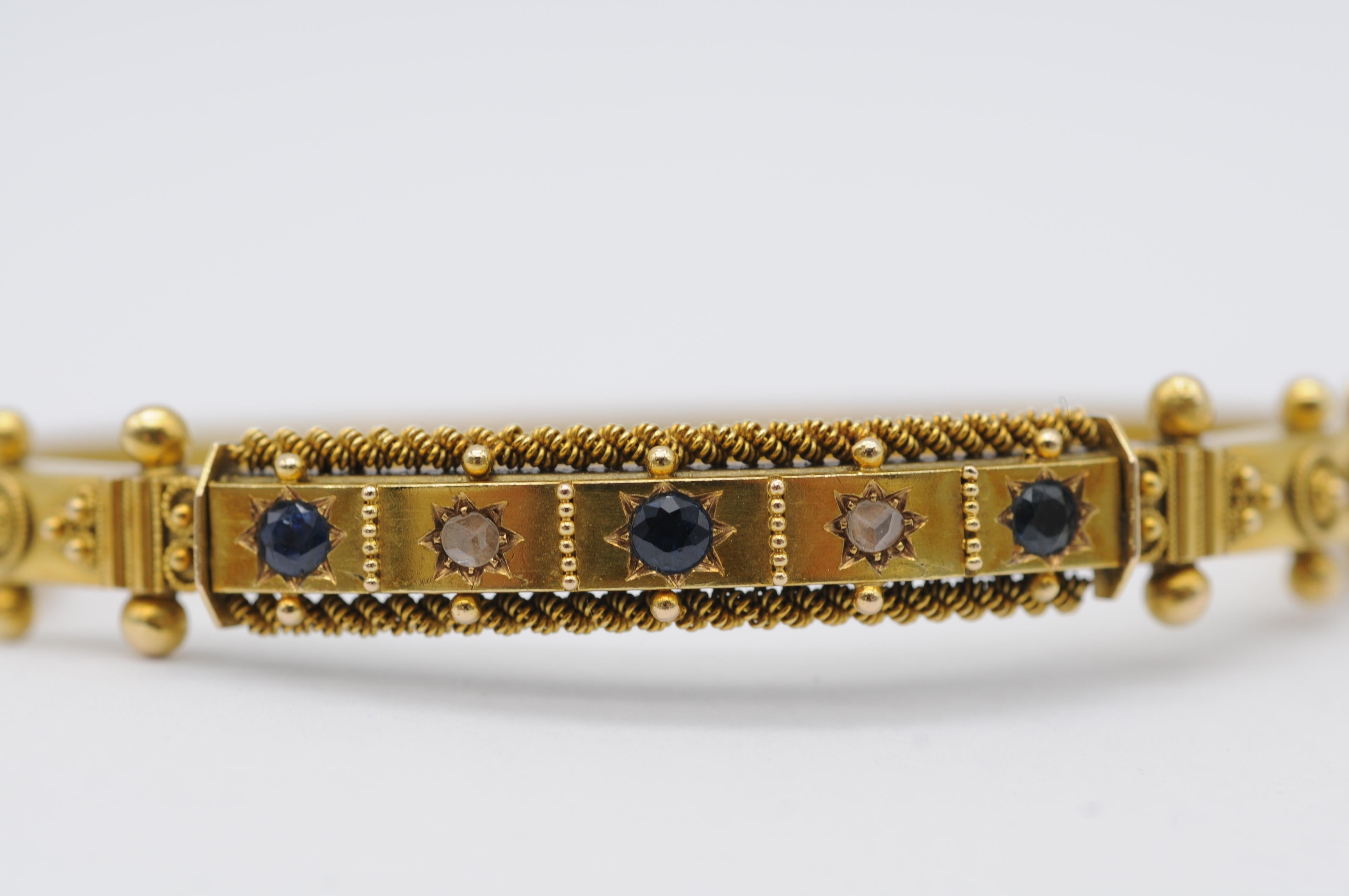 Bracelet ancien en or 14 carats avec diamants et saphirs taille ancienne, fermoir de sécurité en vente 2
