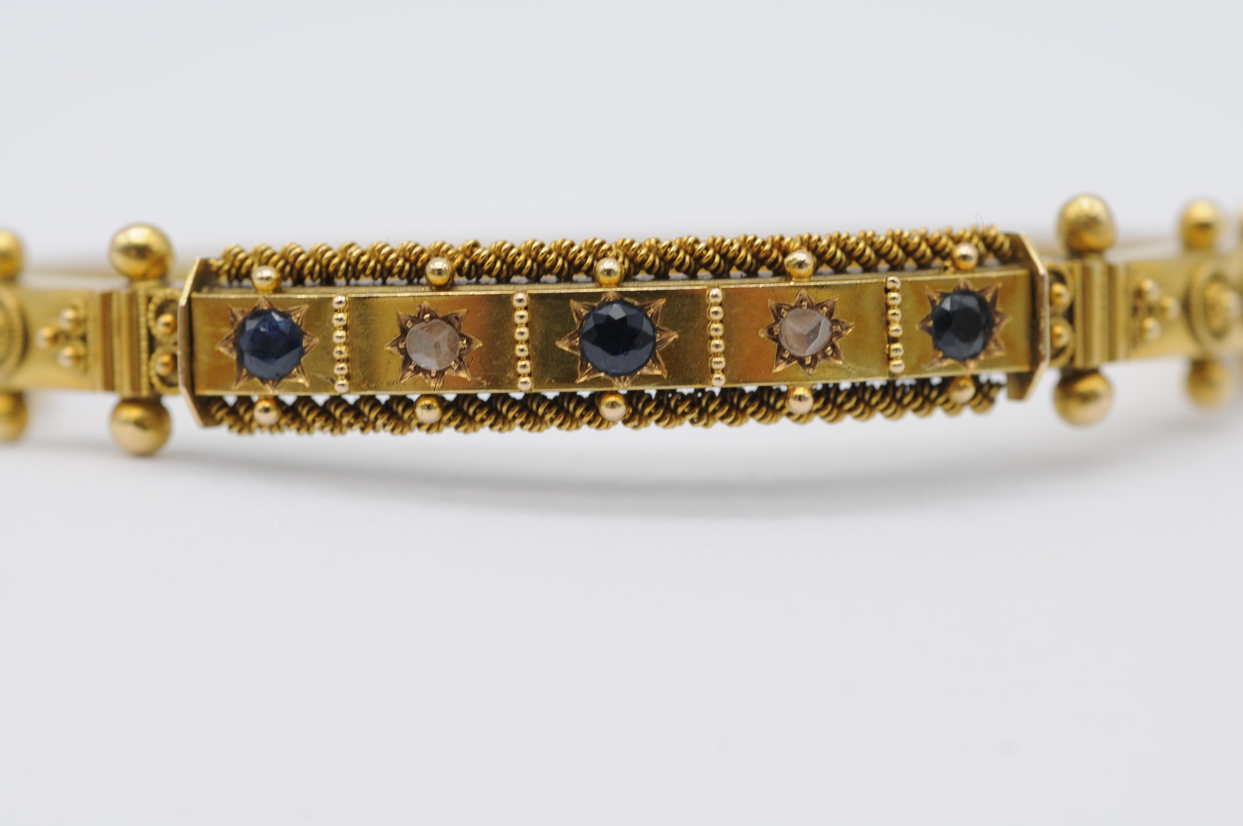 Bracelet ancien en or 14 carats avec diamants et saphirs taille ancienne, fermoir de sécurité en vente 3