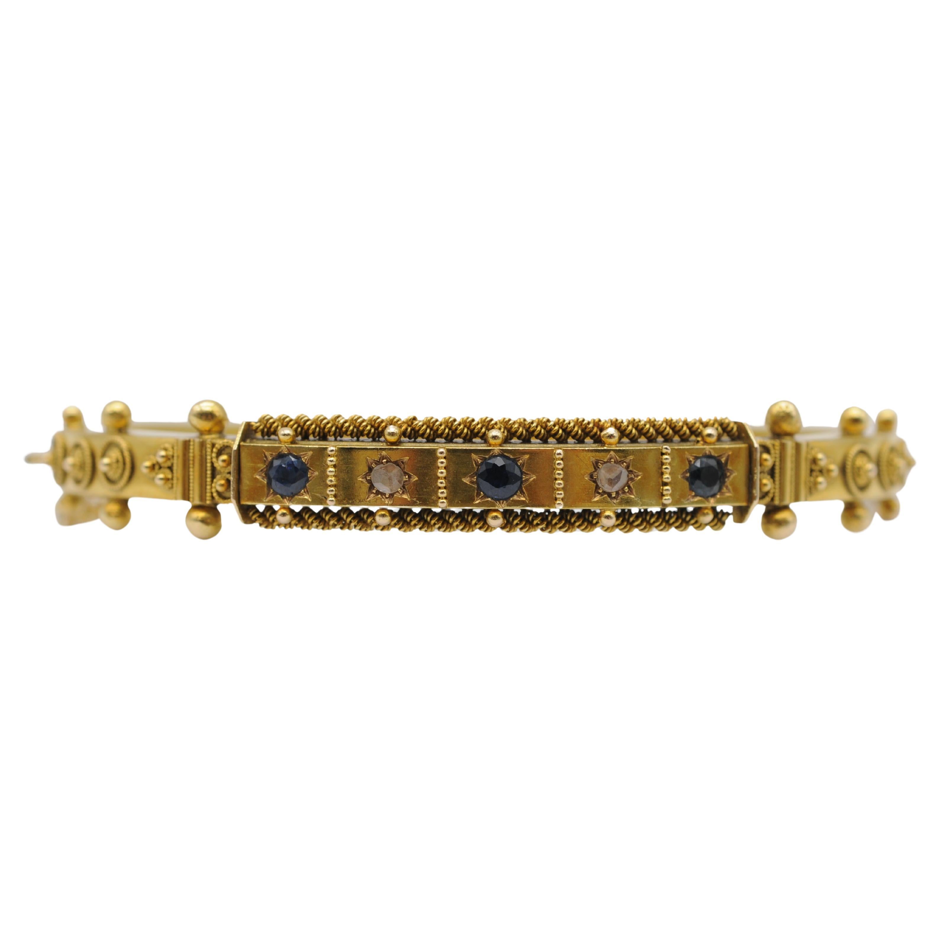Antique 14k Gold Bracelet with Old-Cut Diamonds and Sapphires, Safety Clasp