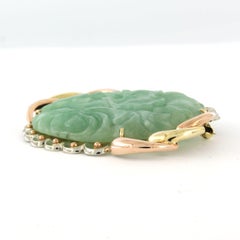 Antique 14k Gold Brooch with Oval Cut Green Jade, Netherlands, 30.6g