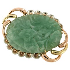 Antique 14k Gold Brooch with Oval Cut Green Jade, Netherlands, 30.6g
