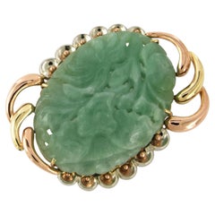 Antique 14k Gold Brooch with Oval Cut Green Jade, Netherlands, 30.6g