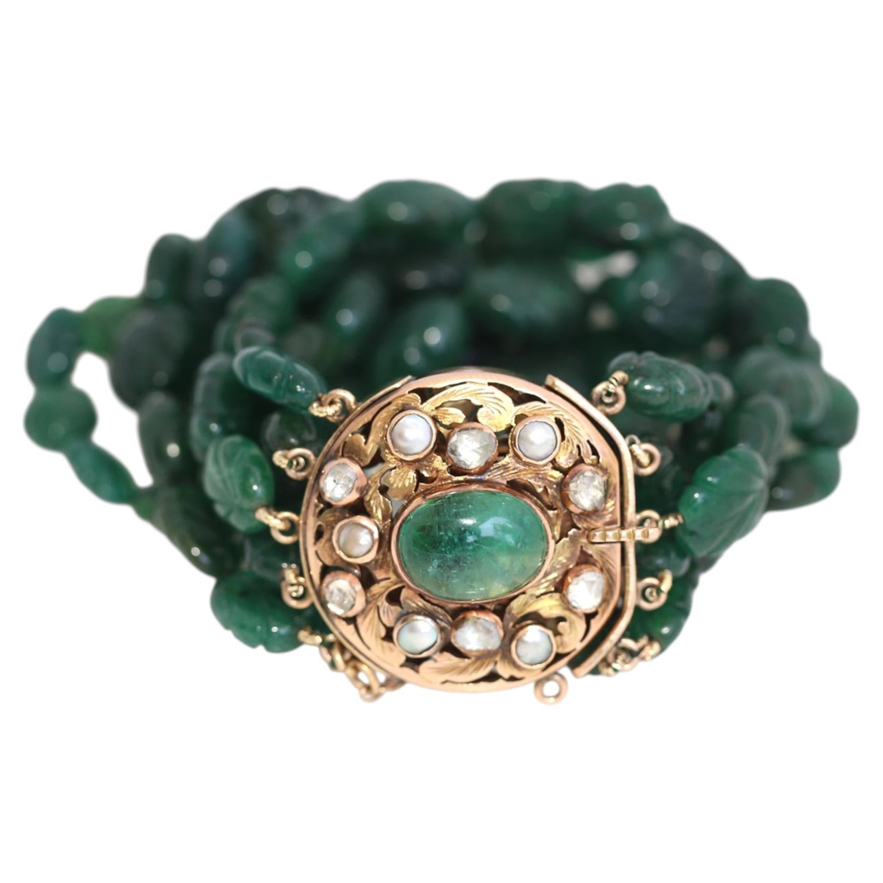 Bracciale antico in oro 14 carati con smeraldi intagliati e diamanti a taglio rosa, 1900