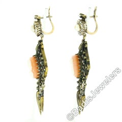 Antique 14k Gold Carved Hardstone Cameo Diamond Pearl Chandelier Dangle Earrings