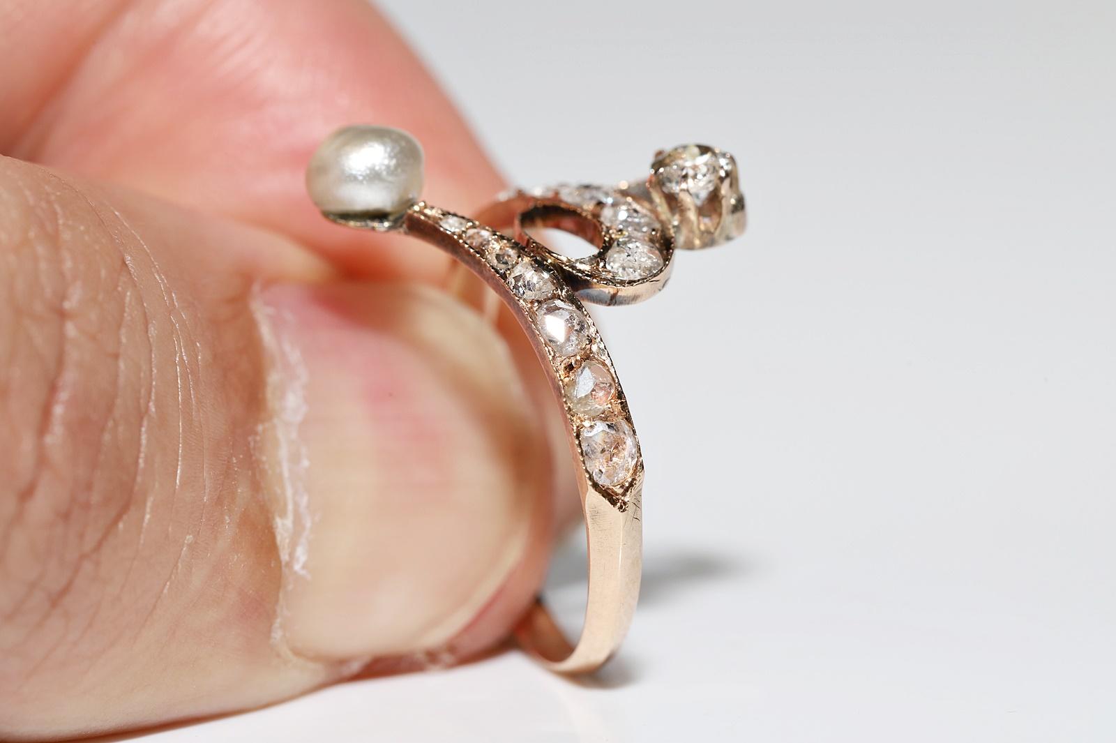 Antique 14k Gold Circa 1900s Art Nouveau Natural Diamond And Pearl  Ring For Sale 3