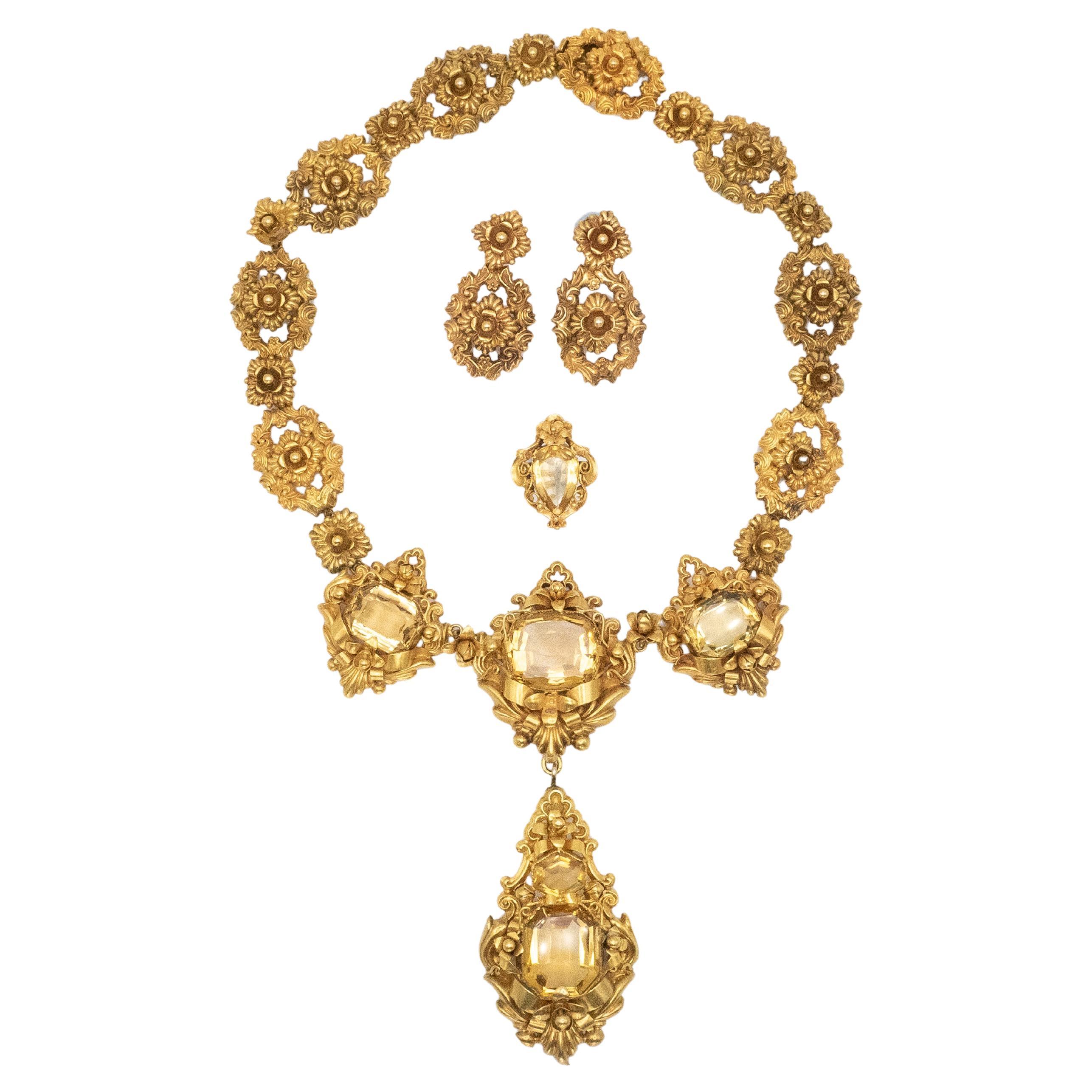 Antiker 14K Gold Citrin-Tropfen-Anhänger Halskette Ohrringe & Ring Set