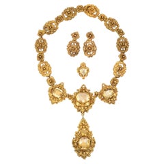 Antique 14K Gold Citrine Drop Pendant Necklace Earrings & Ring Set
