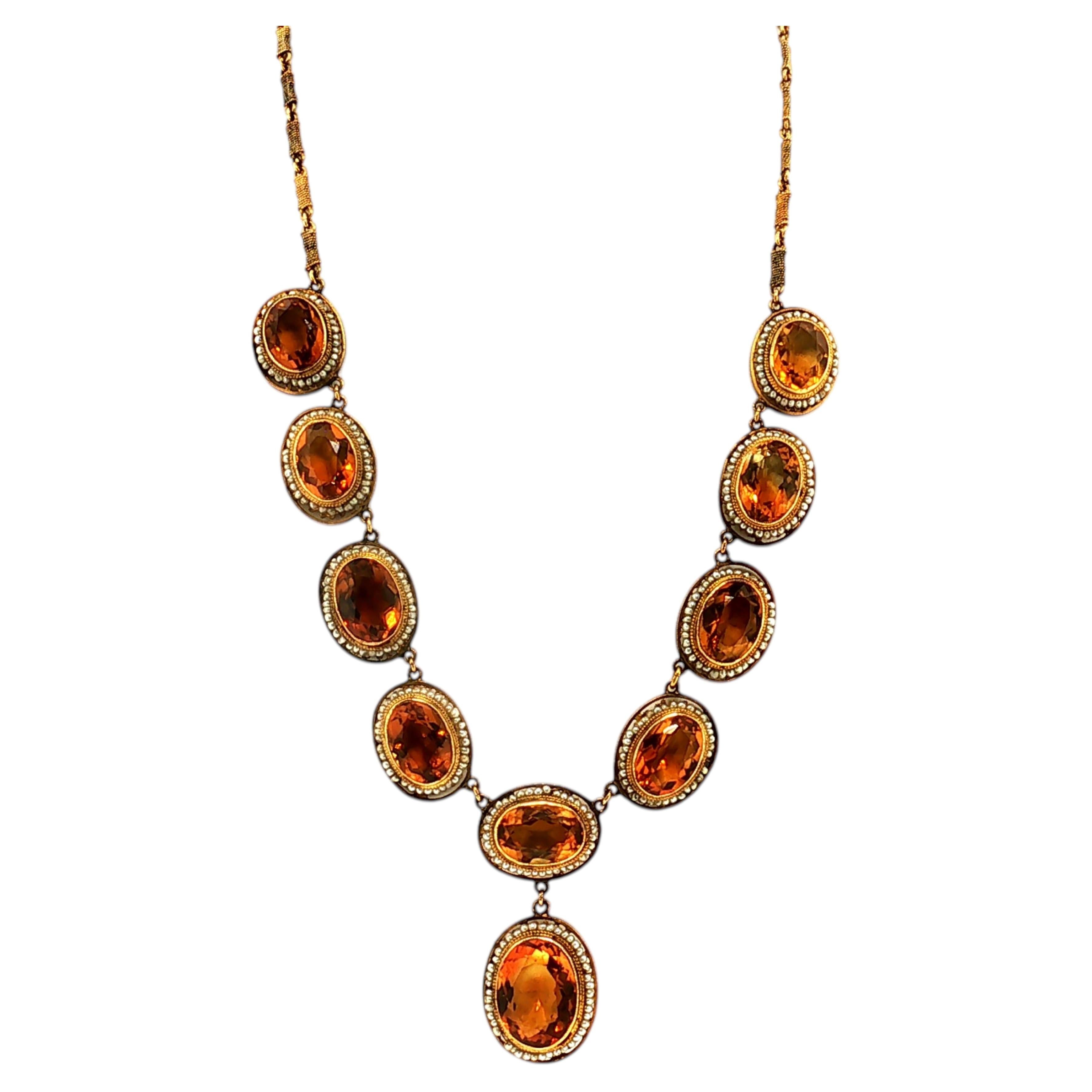 Collana antica con chiusura a collare in oro 14K, con citrino da 18,08 x 13,64 mm e perla in vendita