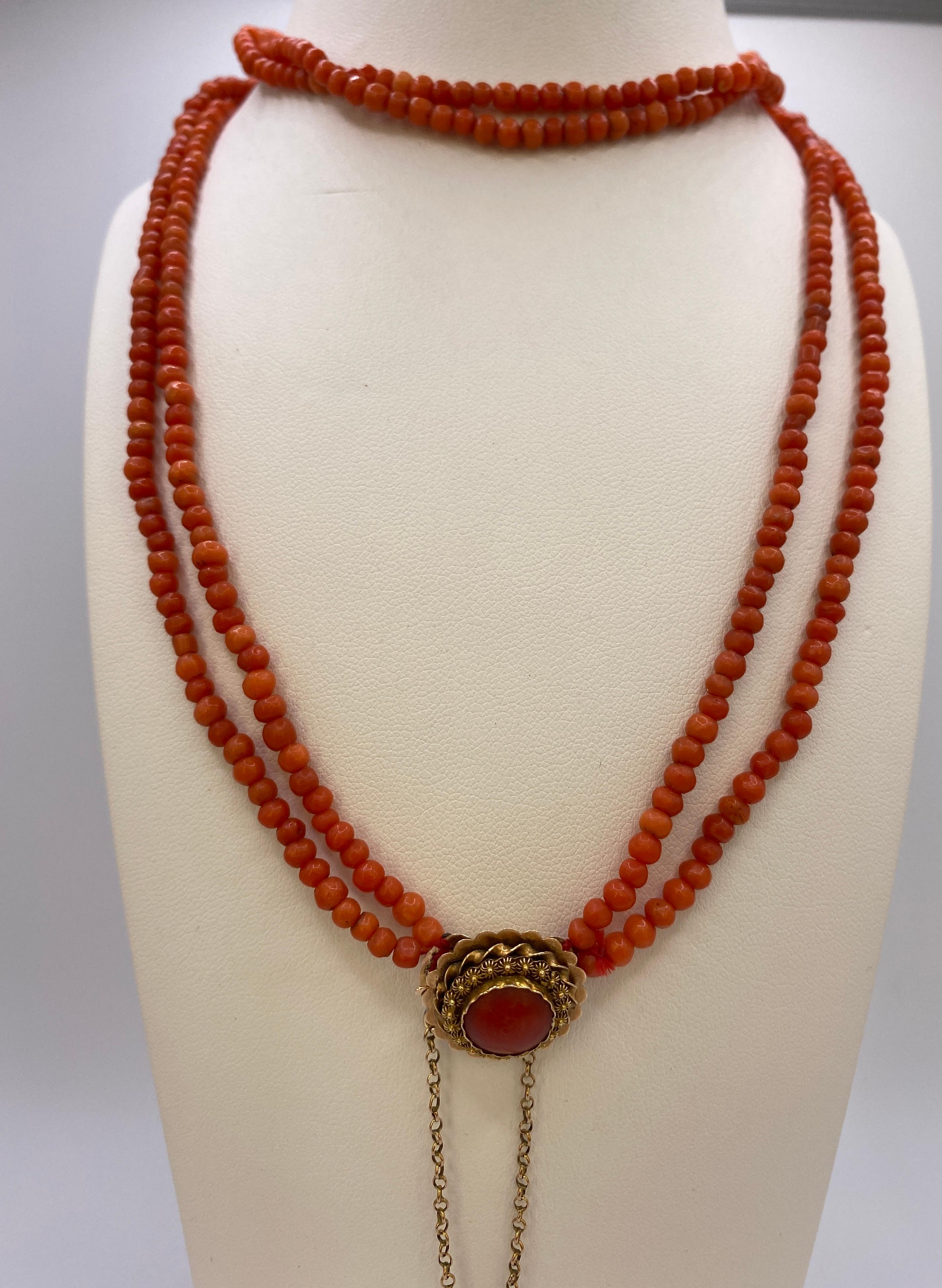 Victorian Antique 14k Gold Coral Beaded Necklace For Sale