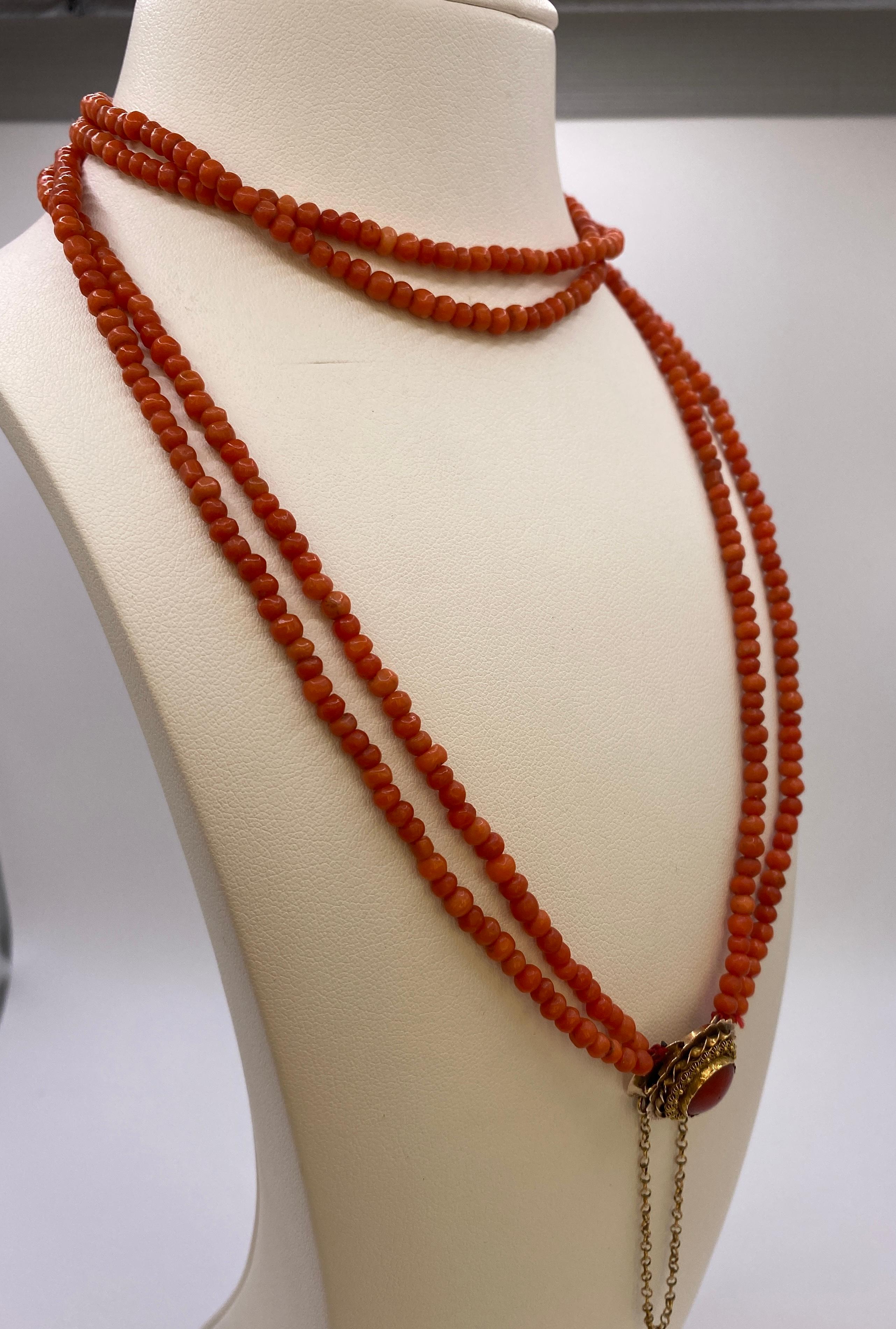 Uncut Antique 14k Gold Coral Beaded Necklace For Sale
