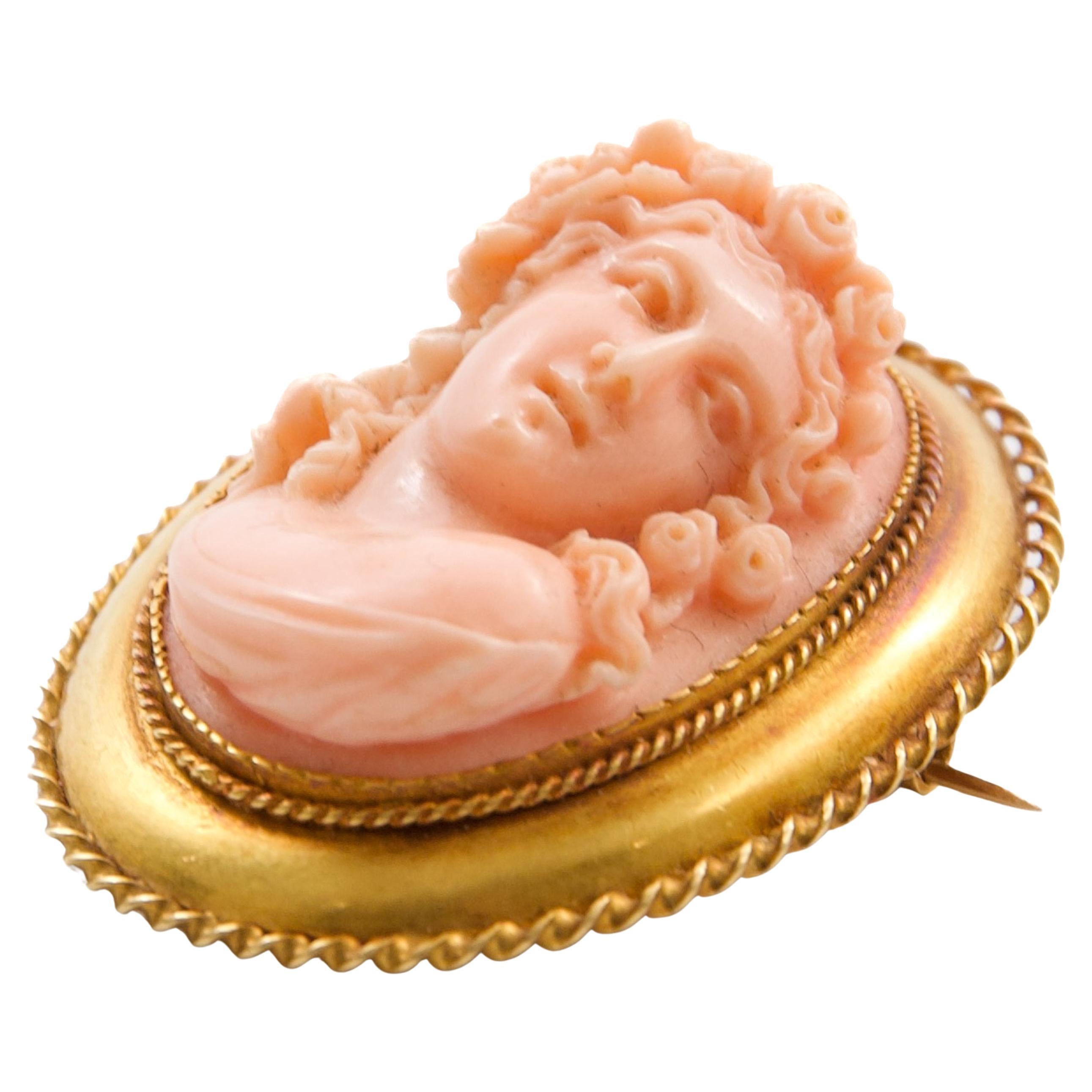 Antique 14K Gold Coral Cameo Brooch Depicting Roman Goddess Flora