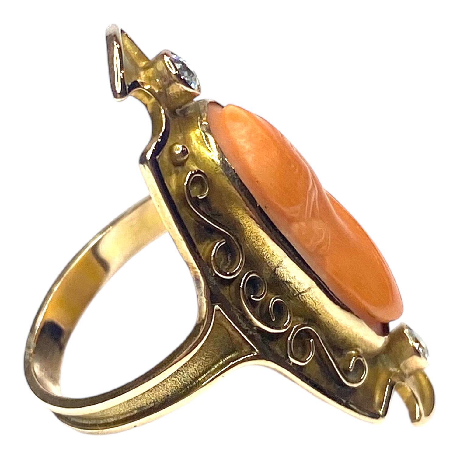 Mixed Cut Antique 14K Gold Coral Cameo & Diamond Ring For Sale
