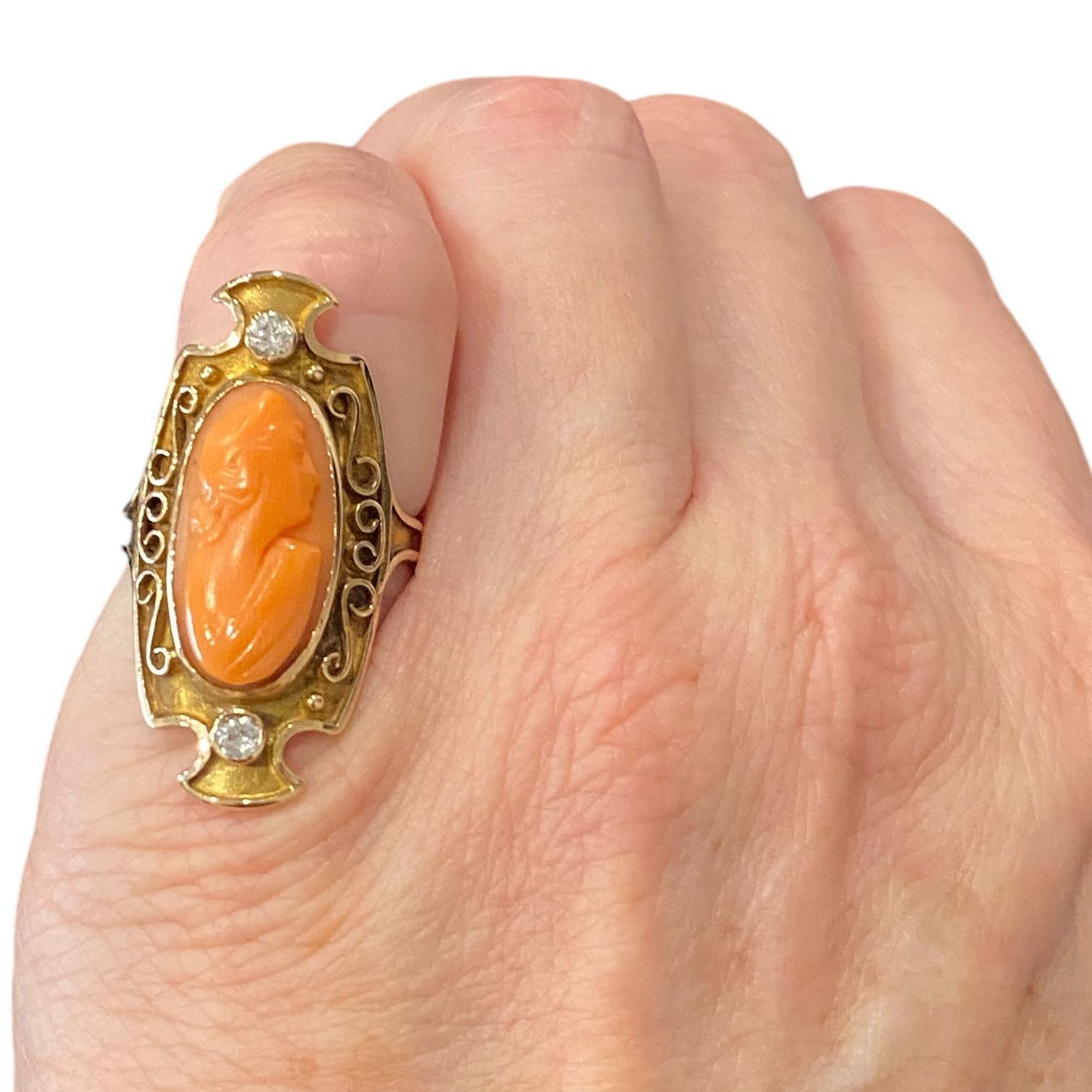 Women's Antique 14K Gold Coral Cameo & Diamond Ring For Sale