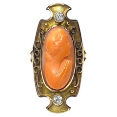 Antique 14K Gold Coral Cameo & Diamond Ring
