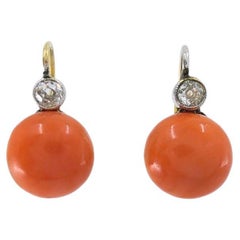 Antique 14k Gold Coral Diamond Accent Drop Earrings