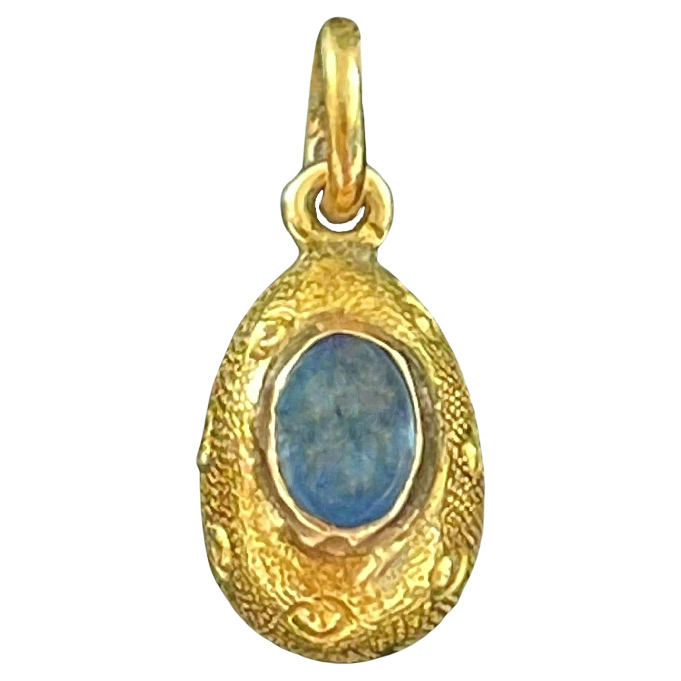 Antique 14K Gold & Cornflower Blue Sapphire Egg Pendant - Early 20th Century For Sale