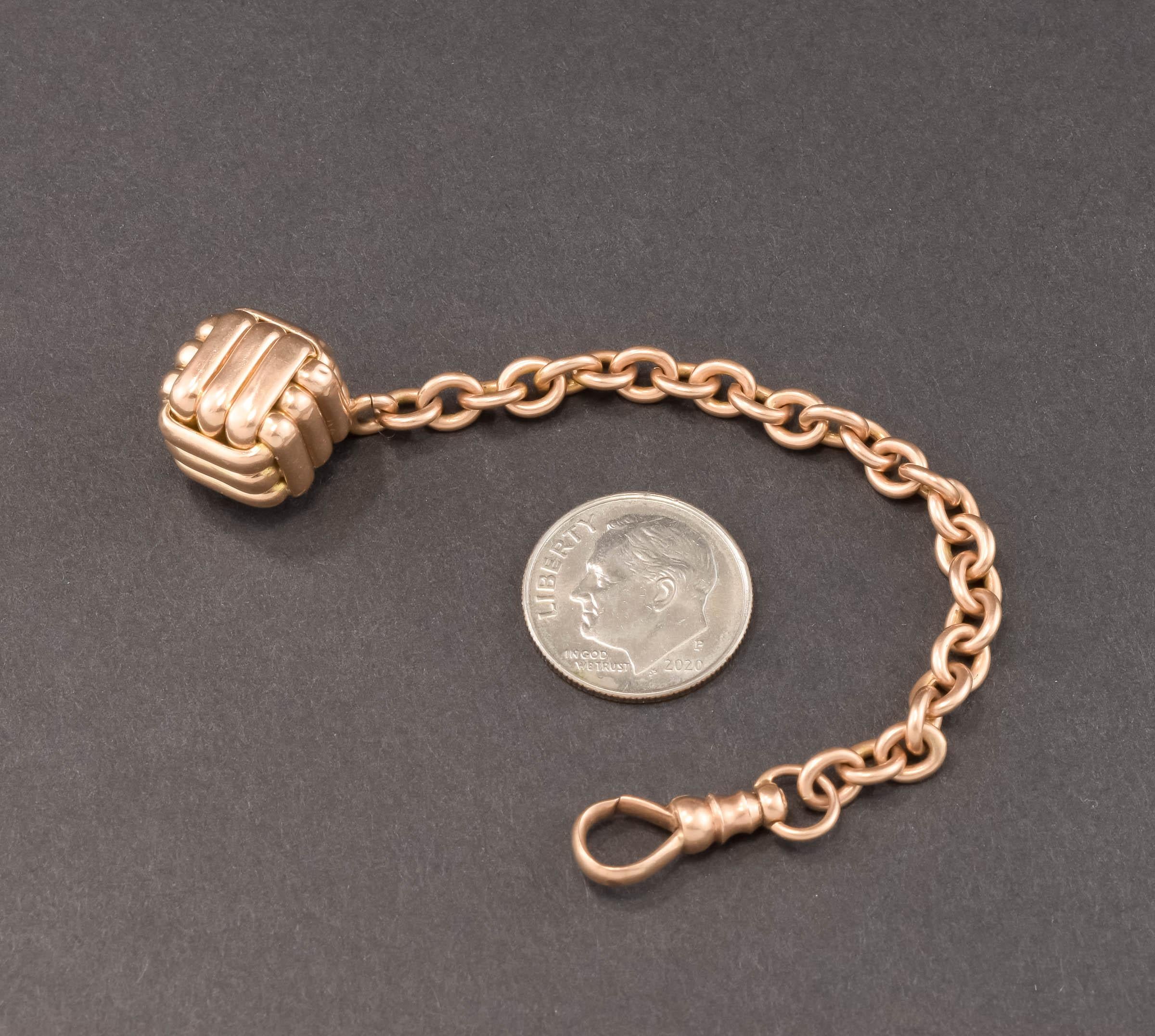 Late Victorian Antique 14K Gold Cube Watch Fob with Watch Chain & Dog Clasp For Sale