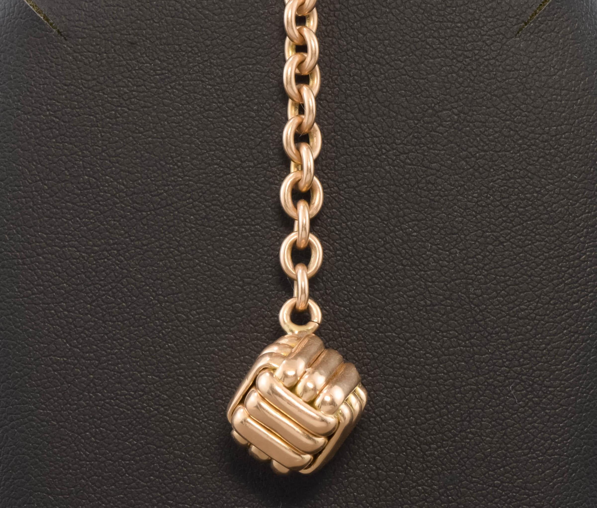 Antique 14K Gold Cube Watch Fob with Watch Chain & Dog Clasp In Good Condition For Sale In Danvers, MA