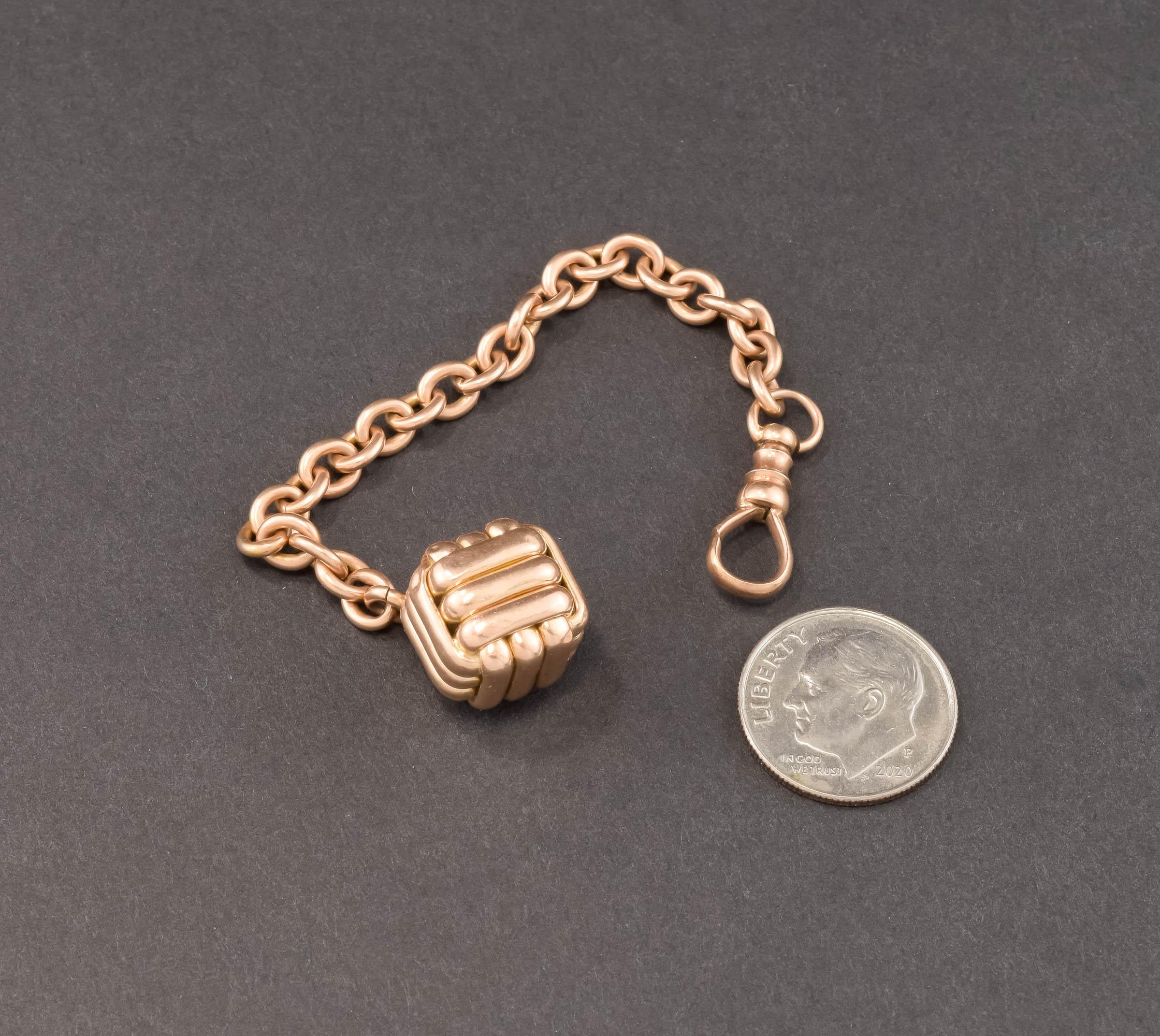 Women's or Men's Antique 14K Gold Cube Watch Fob with Watch Chain & Dog Clasp For Sale