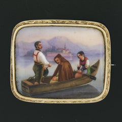 Antique 14k Gold Detailed Hand Painted Boat Scene W/ Engraved Frame Pin Brooch