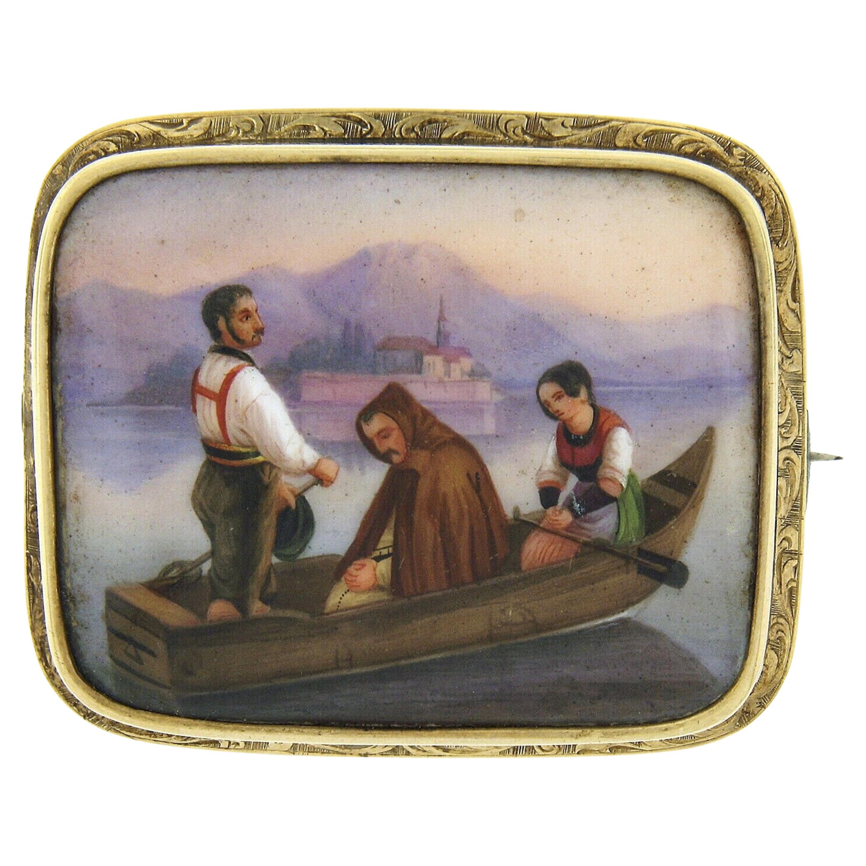 Antique 14k Gold Detailed Hand Painted Boat Scene W/ Engraved Frame Pin Brooch For Sale