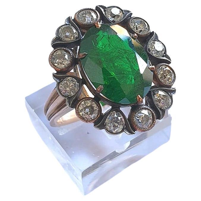 Antique Old Mine Cut Diamond and Green Chrome Diopside Gold Ring For Sale 1