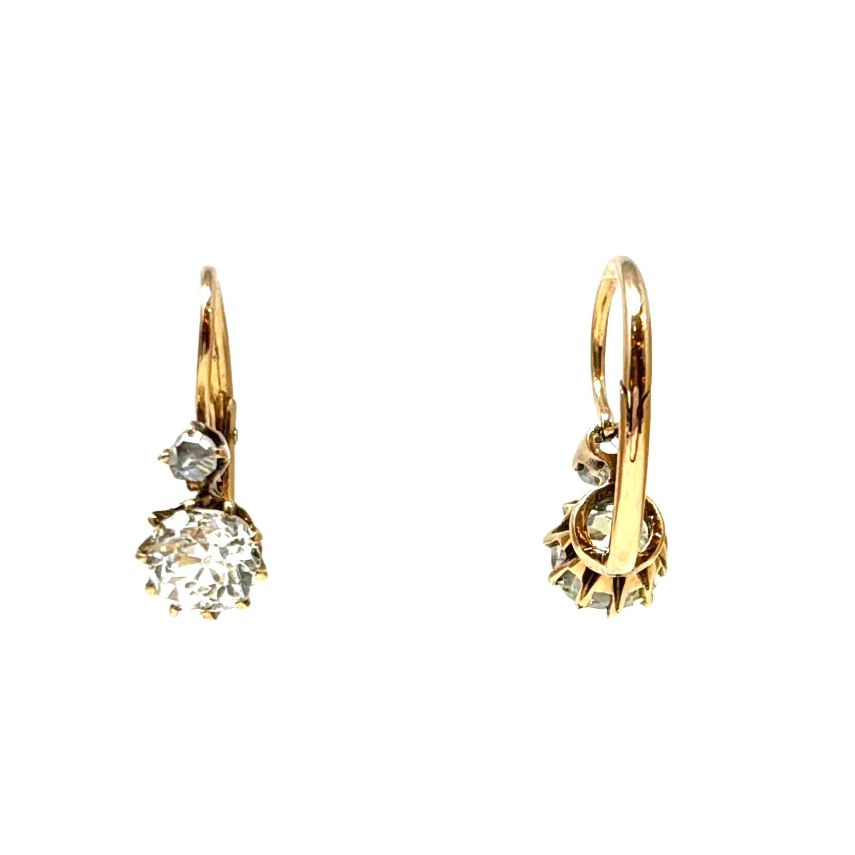 Antique 14K Gold Diamond Drop Earrings, Circa 1890's In Good Condition For Sale In New Orleans, LA