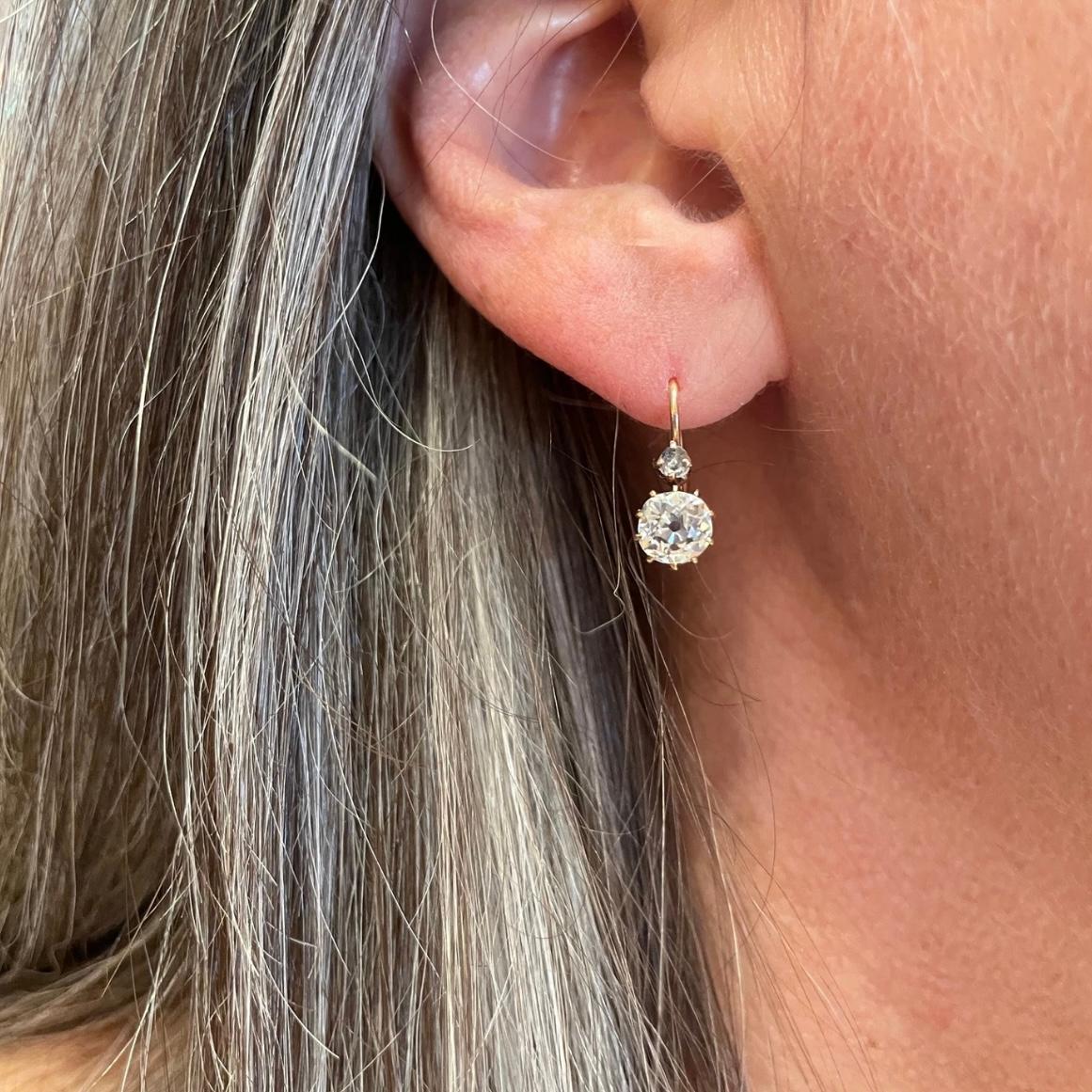 Antique 14K Gold Diamond Drop Earrings, Circa 1890's For Sale 2