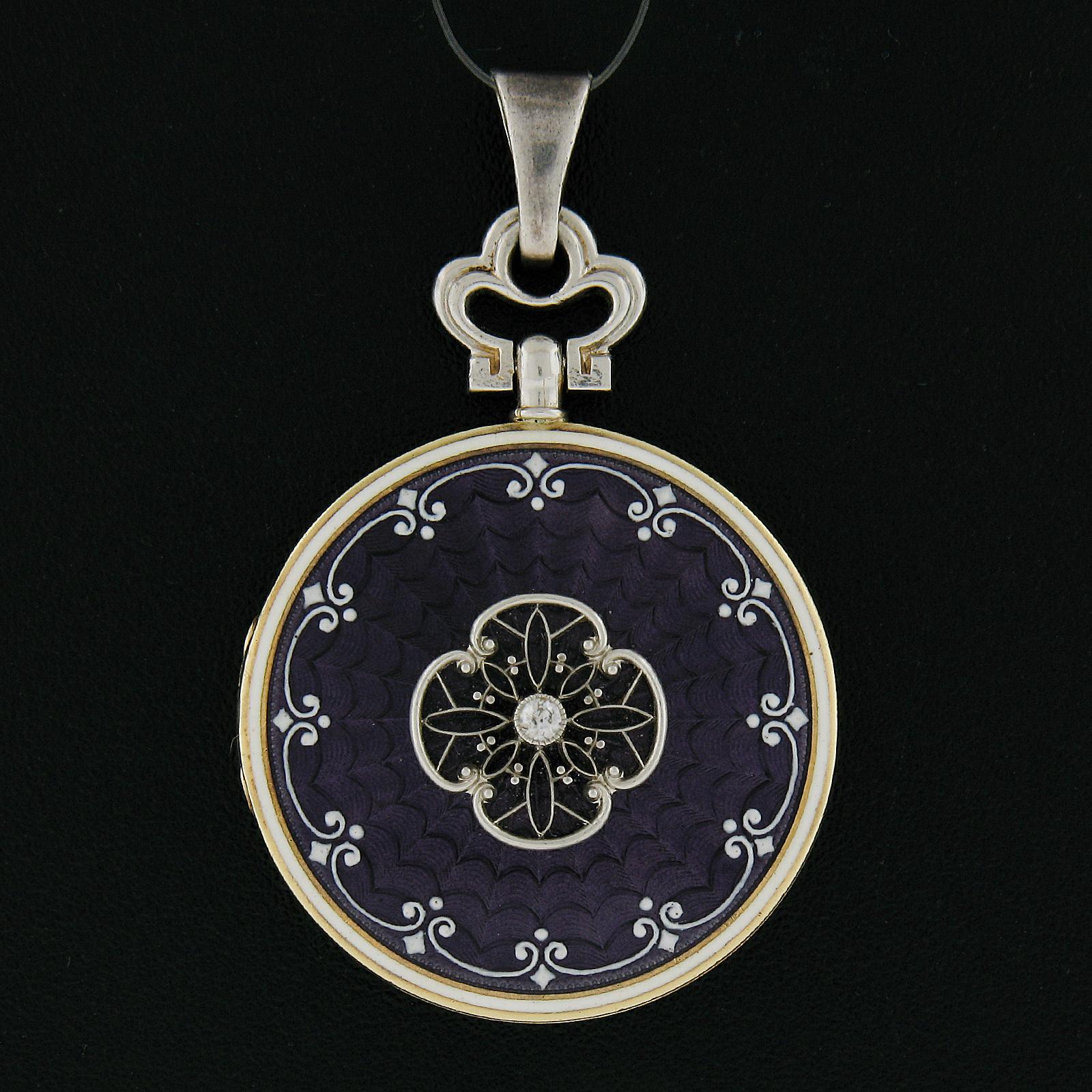 --Stone(s):--
(1) Natural Genuine Diamond - Old European Cut - Pave Set - G Color - VS2 Clarity - 0.03ct (approx.)

Material: Solid 14k Yellow Gold All - Silver Bail - Platinum Inside Picture Wire On Top - Purple & White Enamel.
Weight: 11.56