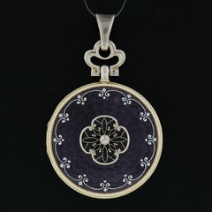 Antique 14k Gold Diamond Guilloche Purple Enamel Work Floral Locket Pendant