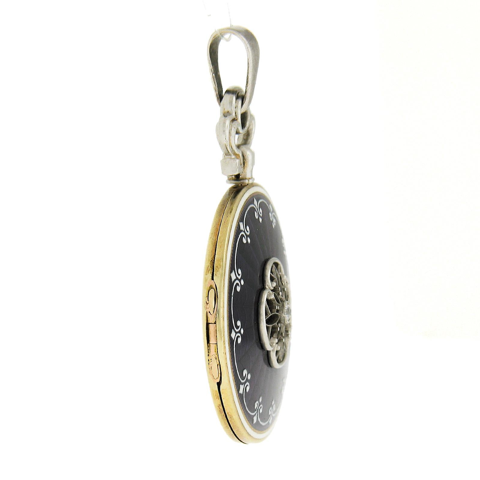 Antique 14k Gold Diamond Guilloche Purple Enamel Work Floral Locket Pendant In Excellent Condition For Sale In Montclair, NJ